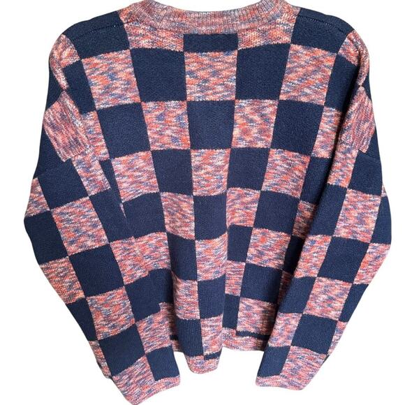 NWT Madewell Checkered Pullover Sweater Boxy Cropped Navy Blue Pink Size Large - Picture 9 of 13